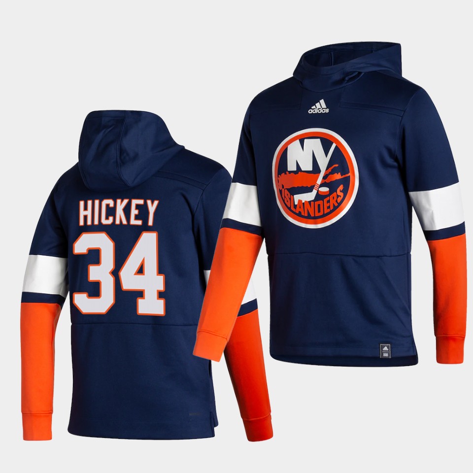 Men New York Islanders 34 Hickey Blue NHL 2021 Adidas Pullover Hoodie Jersey